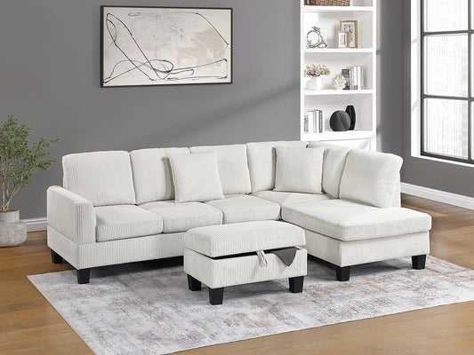 Lewis Beige Cord Fabric Sectional Sofa with Storage Ottoman