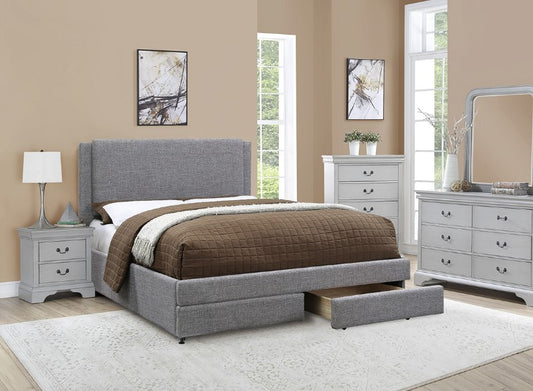 Cama de plataforma de tela gris Cal King con cajón doble de almacenamiento