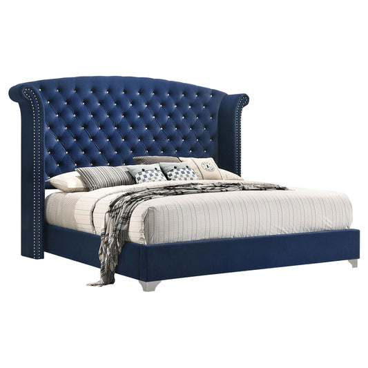 Cama King con respaldo alto tapizada Melody, color azul Pacífico