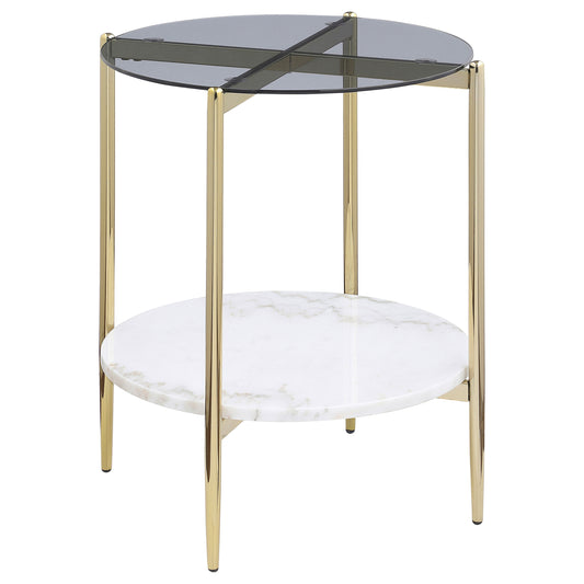 Mesa auxiliar redonda Jonelle con tapa de vidrio y estante de mármol blanco dorado
