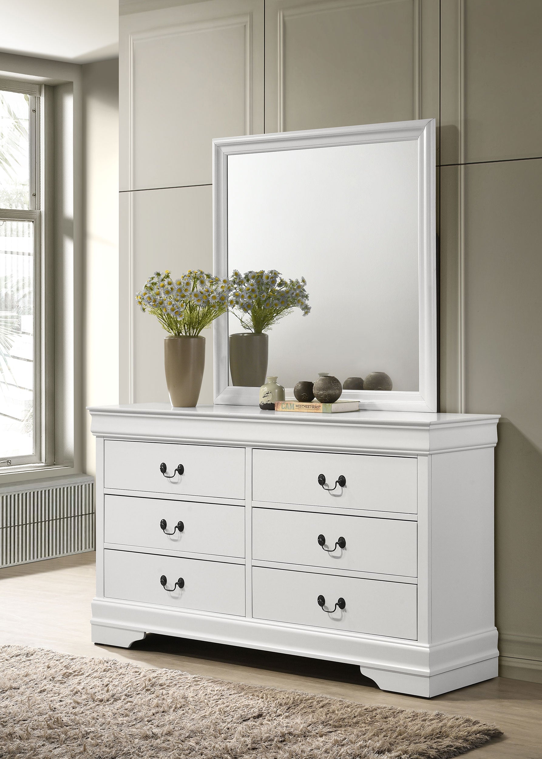 Louis Philippe - 6-Drawer Dresser and Mirror - White Louis Philippe - 6-Drawer Dresser and Mirror - White