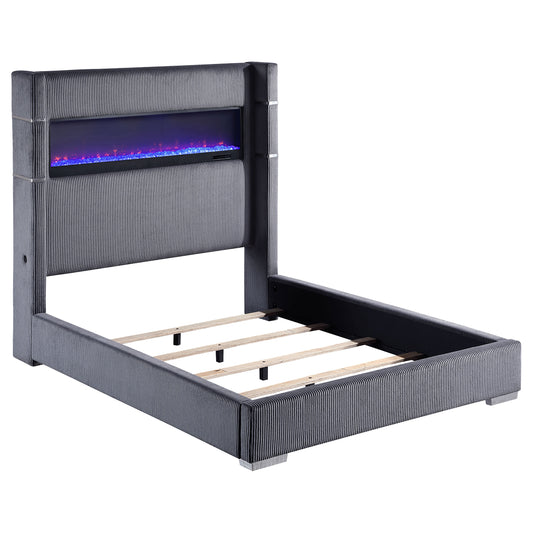 Cama Tisdall tapizada Eastern King Flame Visualizer, color gris