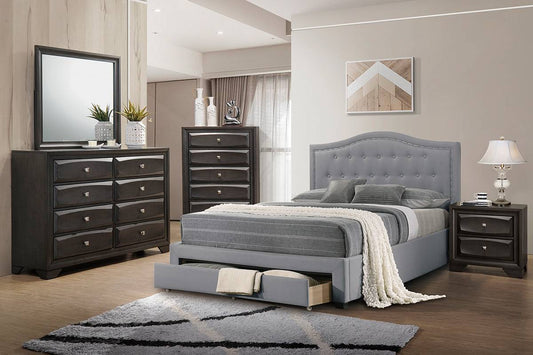 Lantz Queen Grey Fabric Bed Frame with Storage Drawer