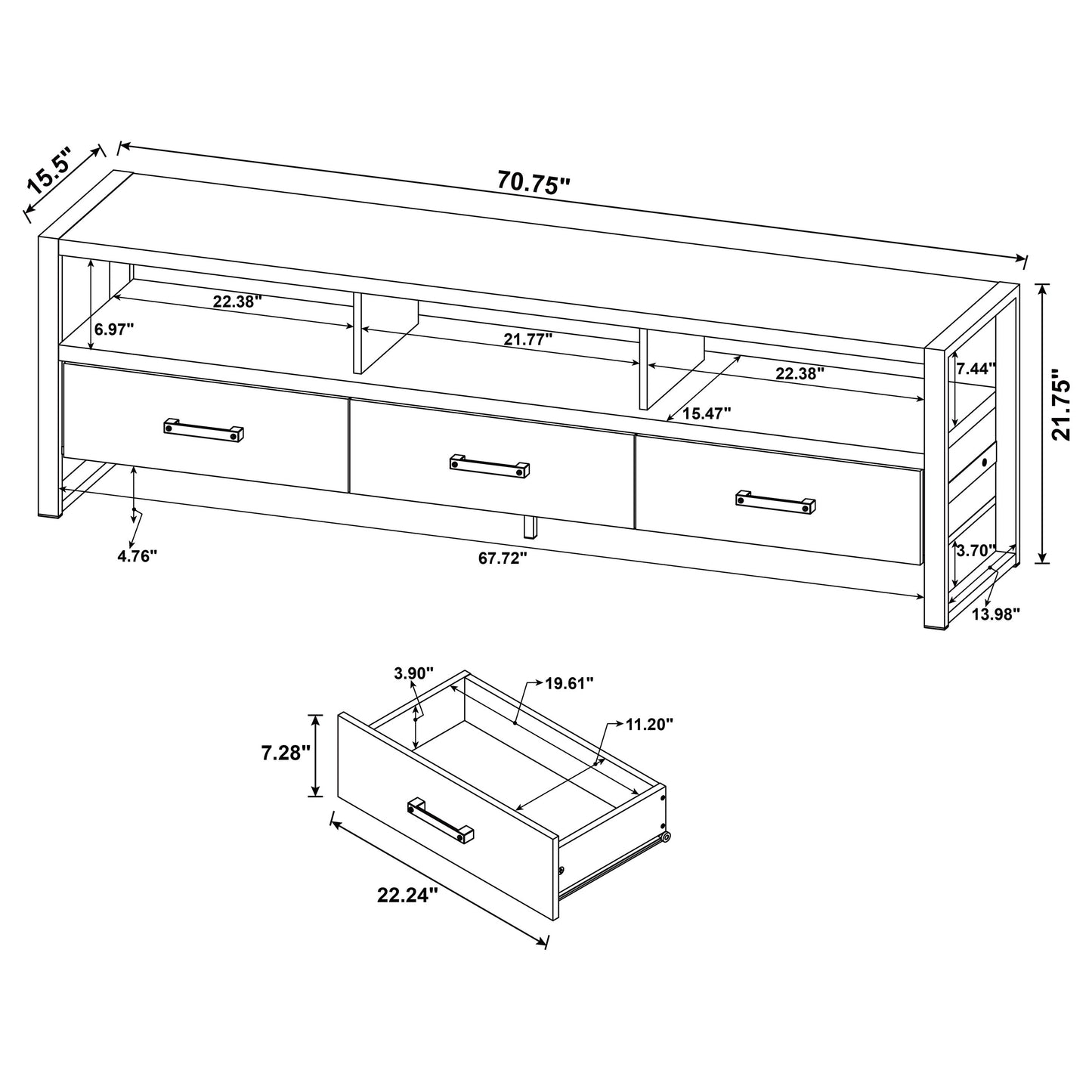 James 3-drawer Composite Wood 71" TV Stand Dark Pine