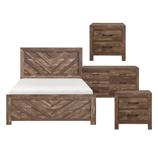 Juego de dormitorio Sadani Queen de madera marrón con cama tamaño queen, 2 mesitas de noche y cómoda