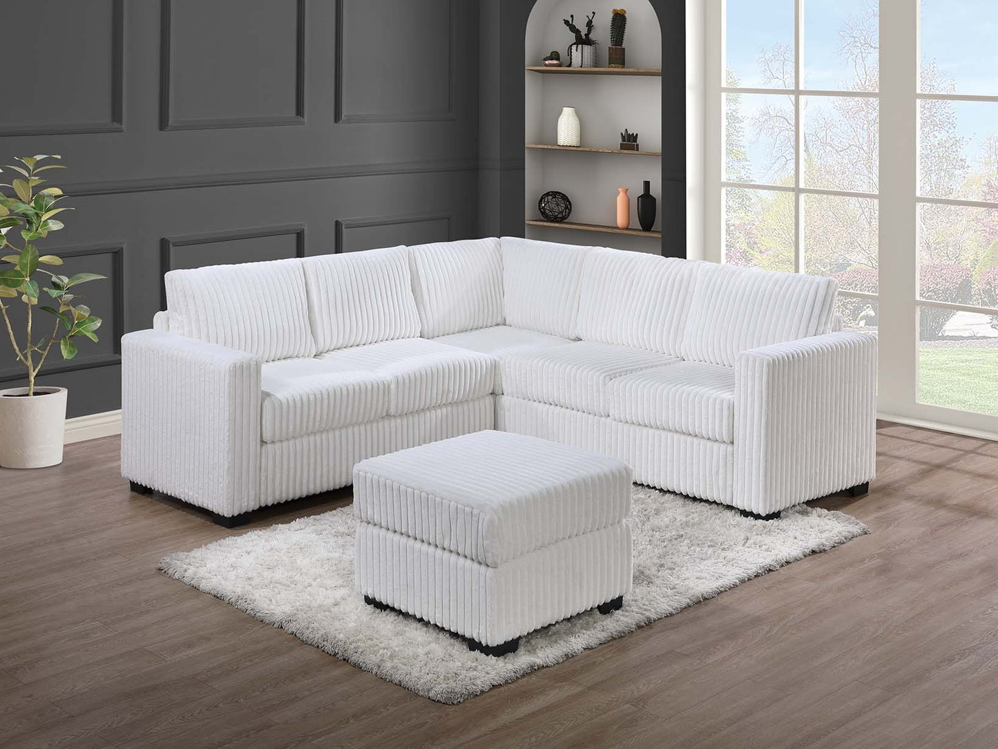 Davis Soft White Corduroy L Shape Sectional Sofa Couch
