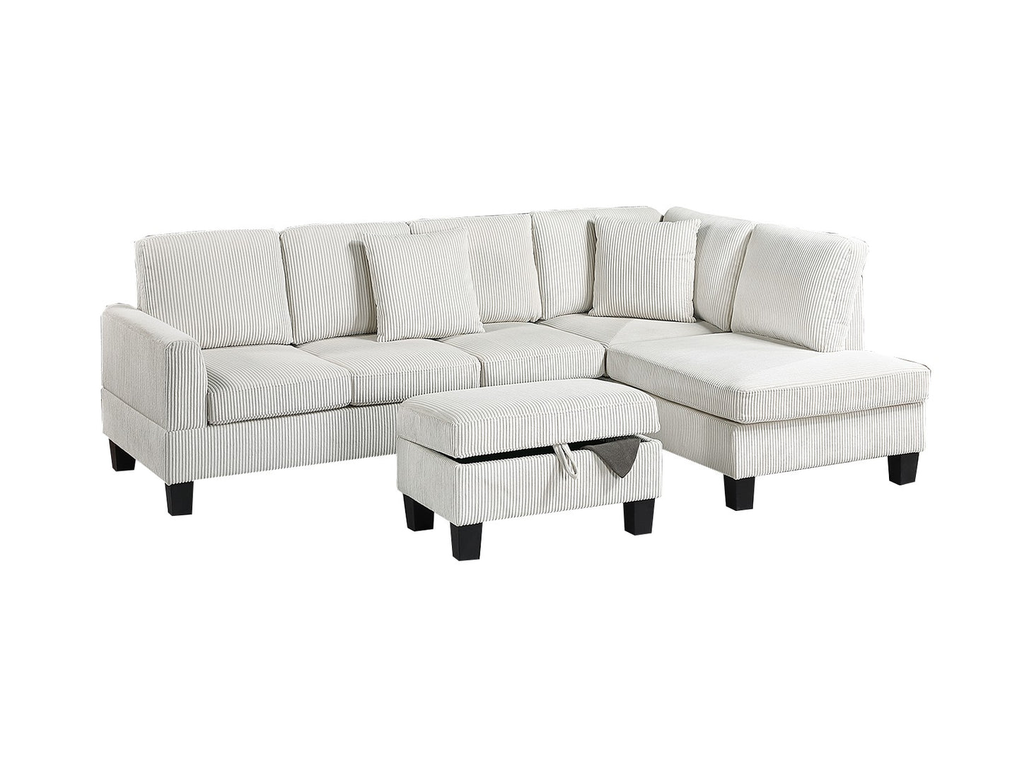 Lewis Beige Cord Fabric Sectional Sofa with Storage Ottoman