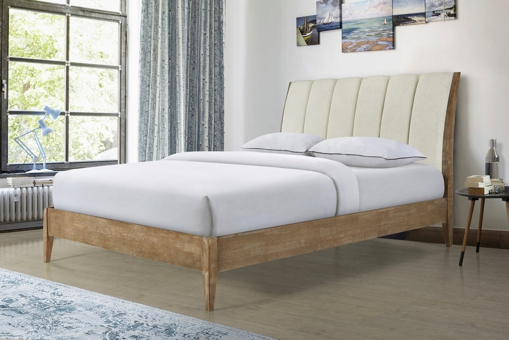 Cabecero de cama con plataforma de madera de roble Evans y tela color crema