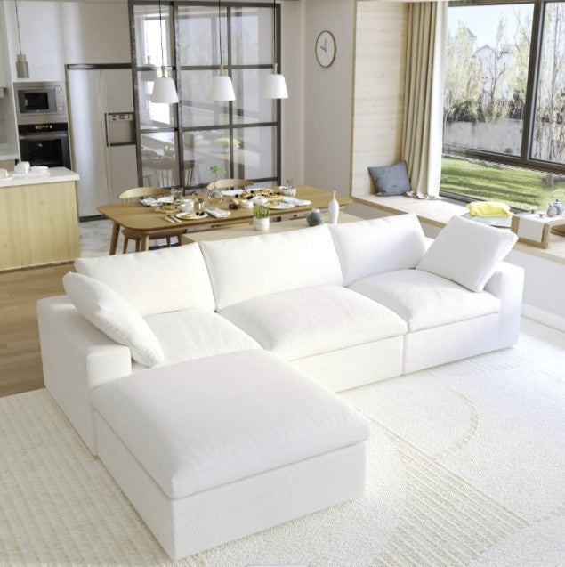 Sky Air Feather Cloud White Linen 120" Sectional Sofa Couch