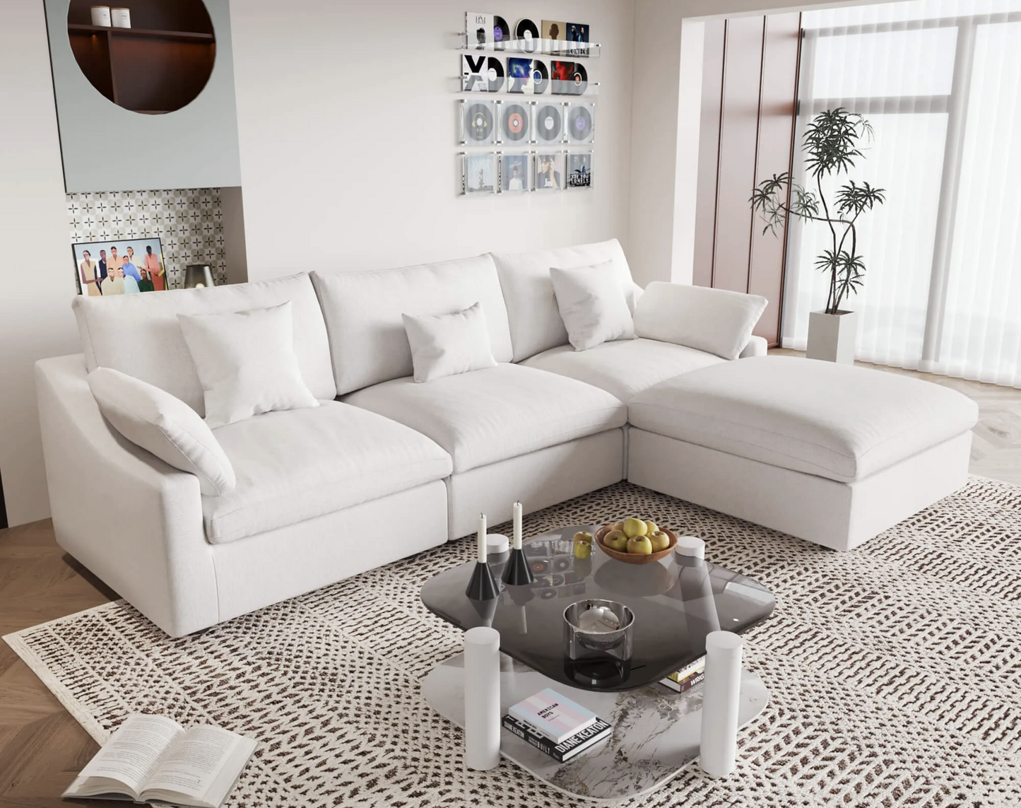 Haven White Chenille Feather Cloud 4 PC Sectional Sofa Couch