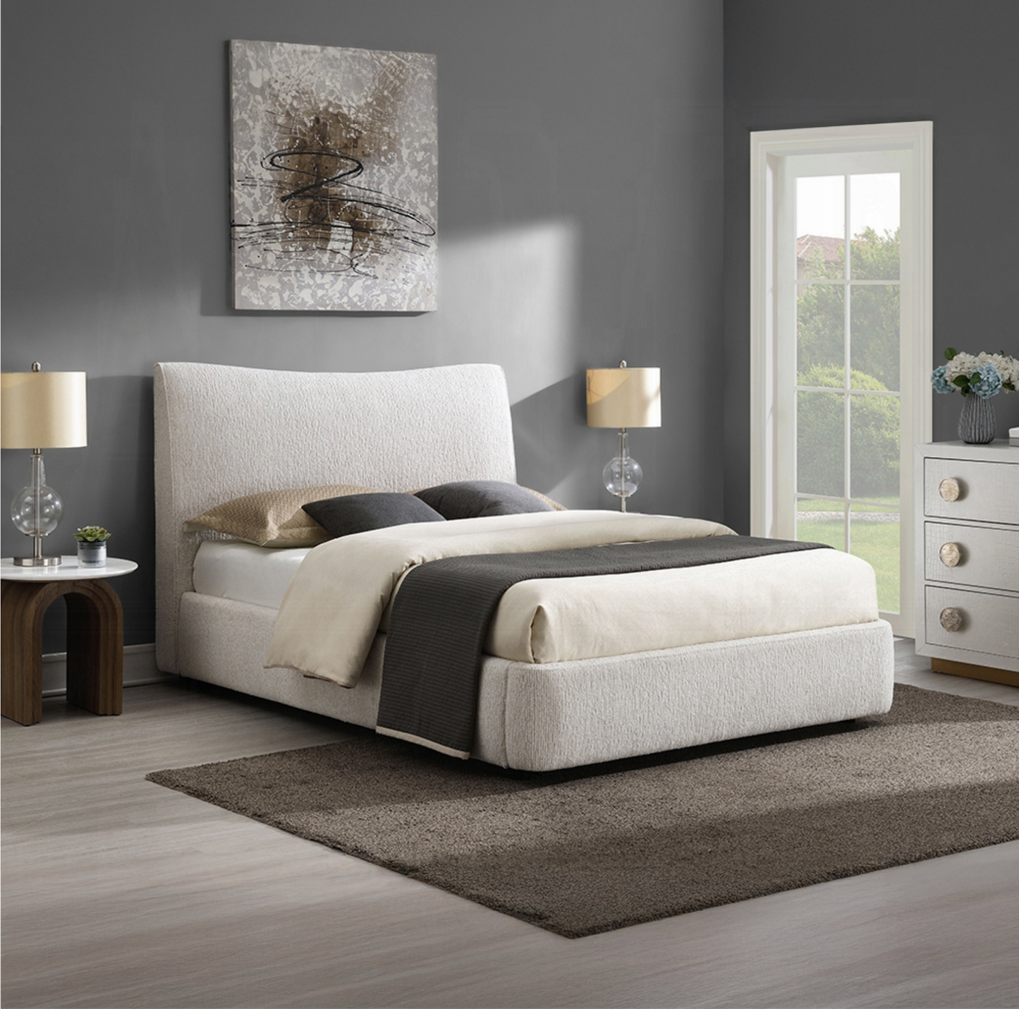 Marcus Beige Chenille Queen Platform Bed Frame