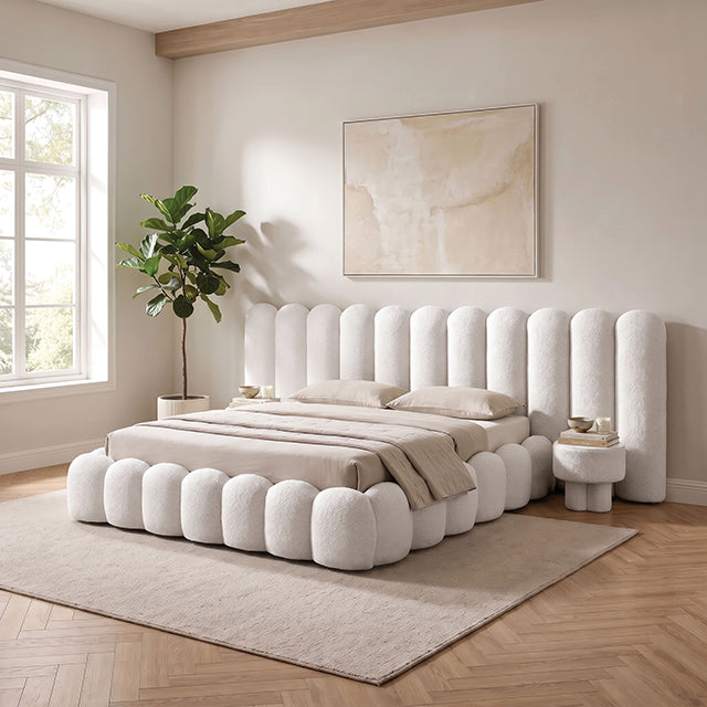 Northridge Luxury White Boucle Fabric Platform Bed Frame
