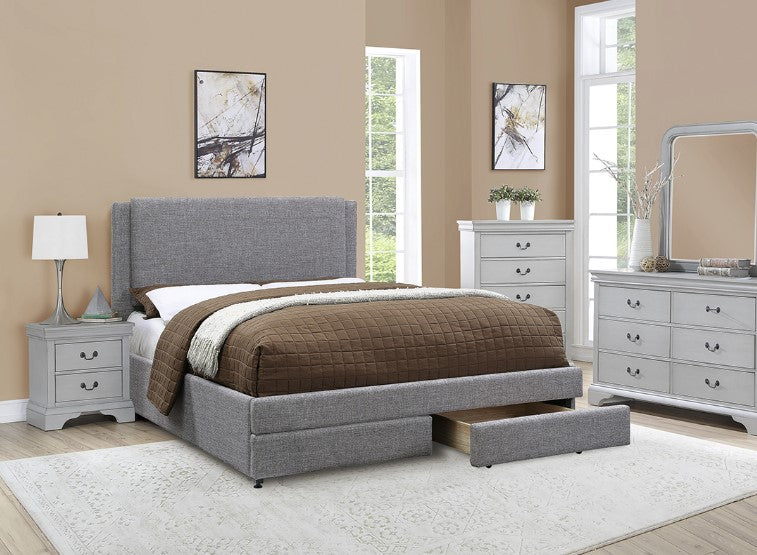 Cama de plataforma de tela gris Cal King con cajón doble de almacenamiento 