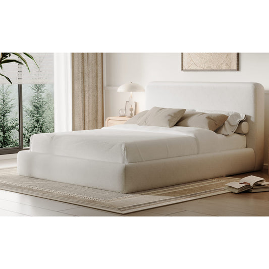 Mamu whitewashed chenille platform bed in a bedroom, angled view