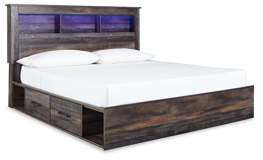 Cama Drystan King con dos cajones, cómoda con espejo, cómoda y mesita de noche
