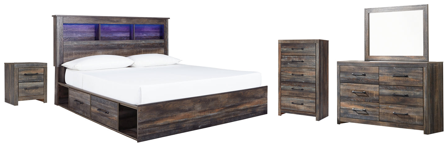 Cama Drystan King con dos cajones, cómoda con espejo, cómoda y mesita de noche