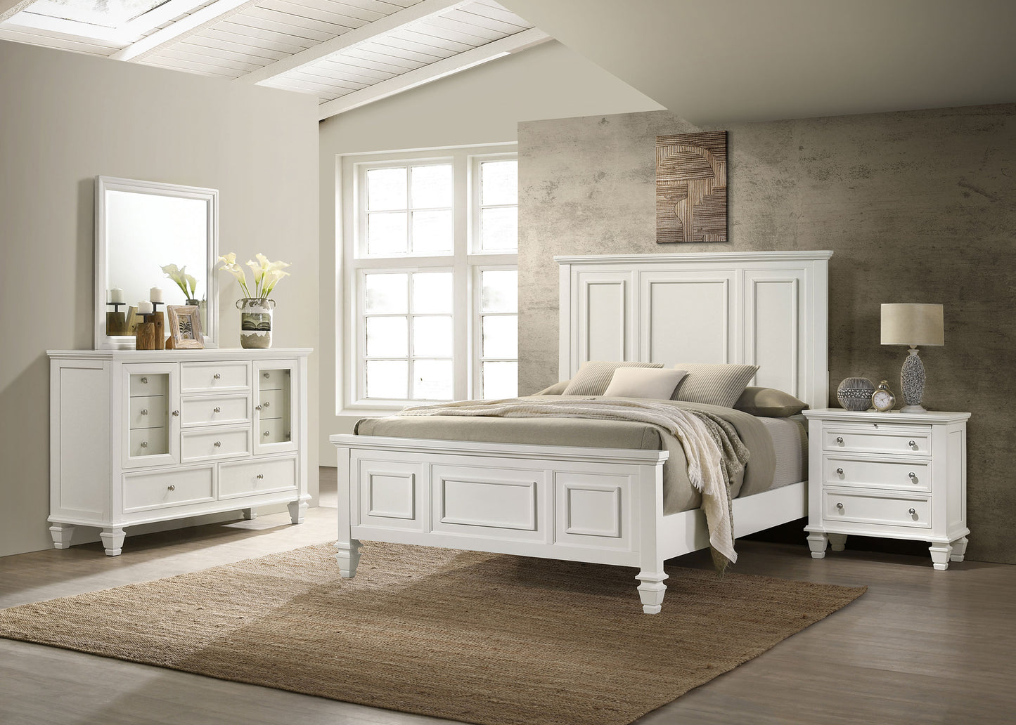 Juego de dormitorio Sandy Beach de 4 piezas tamaño Queen en color crema y blanco