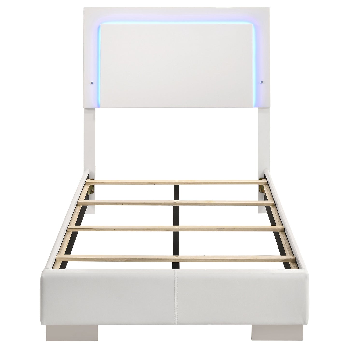 Cama individual con panel LED Felicity Wood en blanco de alto brillo
