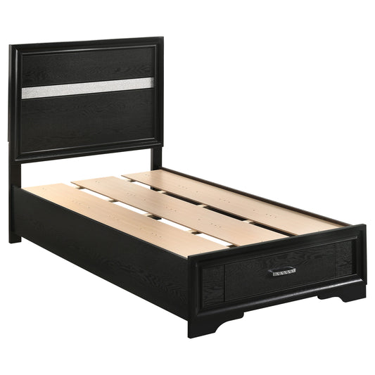 Cama doble Miranda de 51 pulgadas con paneles de almacenamiento de madera, color negro