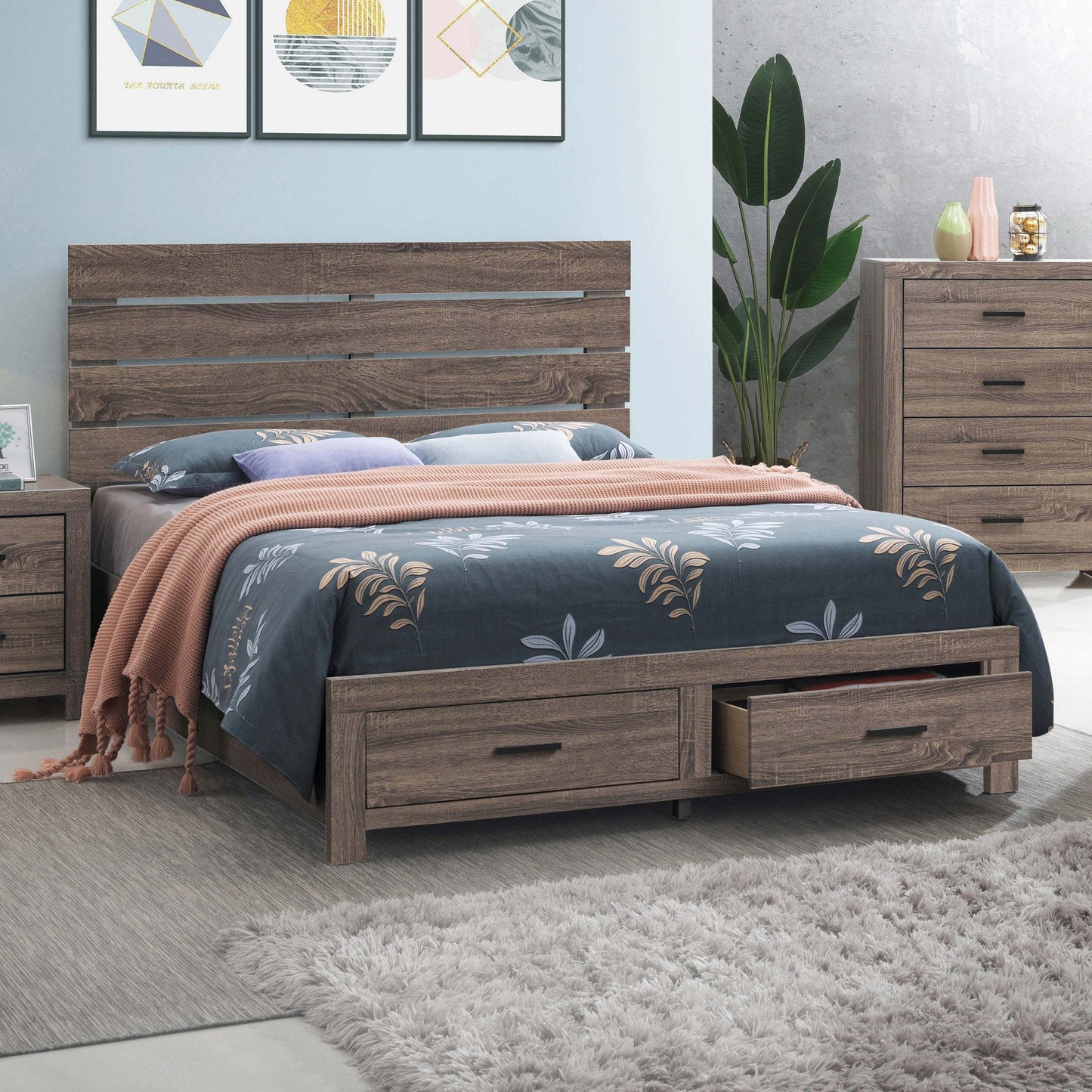 Cama King con almacenamiento y paneles Brantford Wood Eastern en roble barril