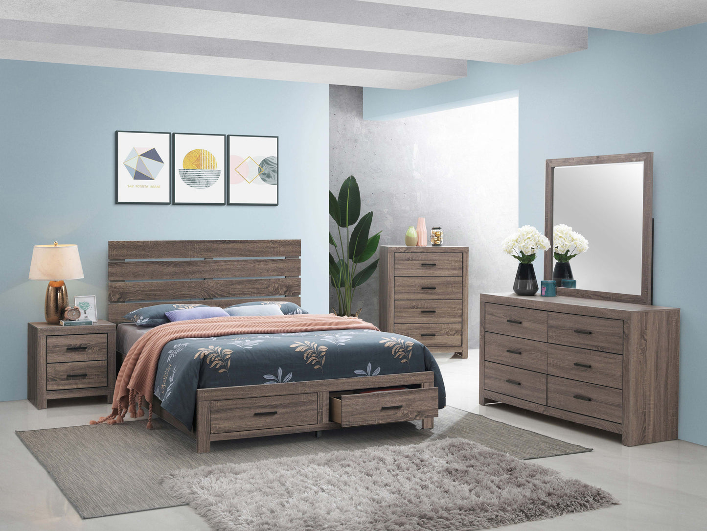 Cama King con almacenamiento y paneles Brantford Wood Eastern en roble barril