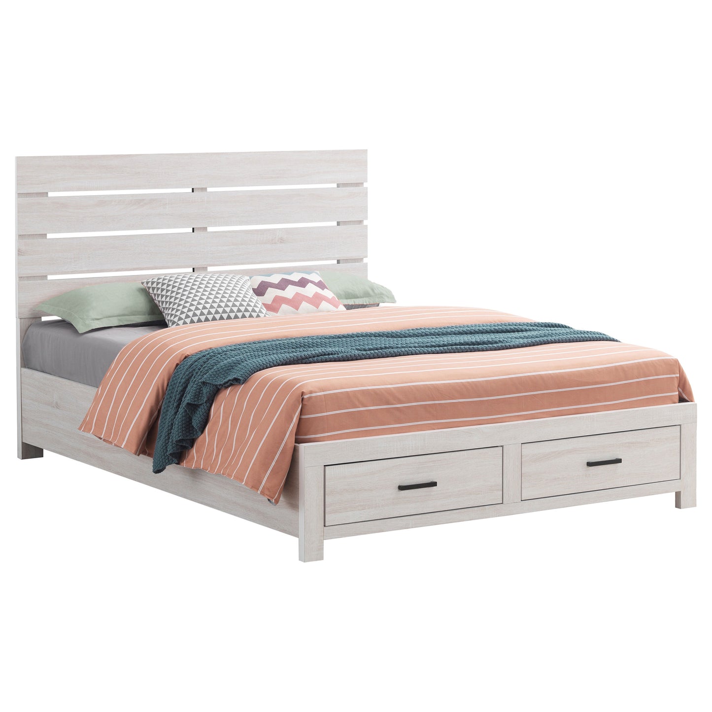 Cama Brantford Wood Eastern King con paneles de almacenamiento, color blanco costero