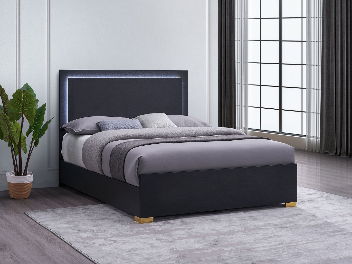 Cama Marceline Wood con panel LED completo, color negro