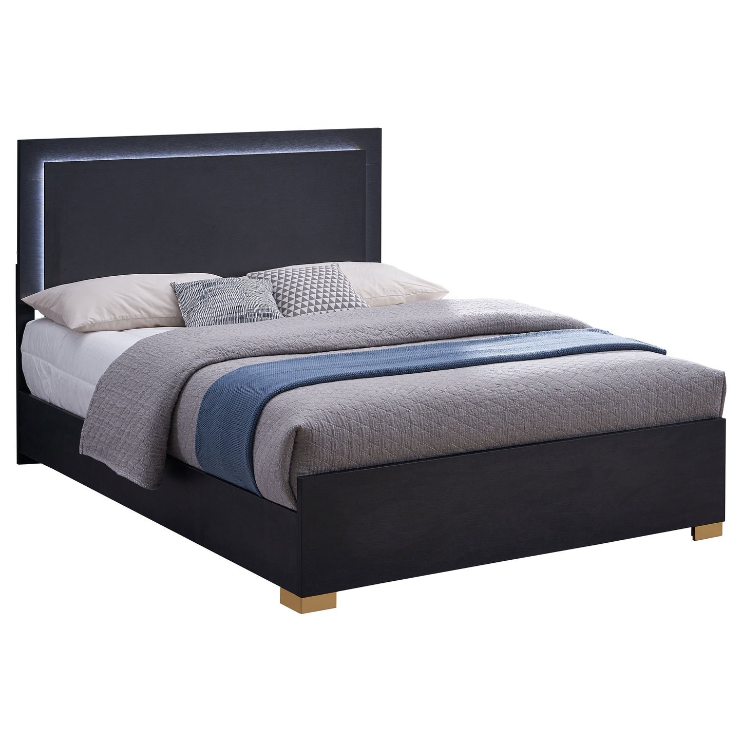 Cama Marceline Wood Queen con panel LED, color negro