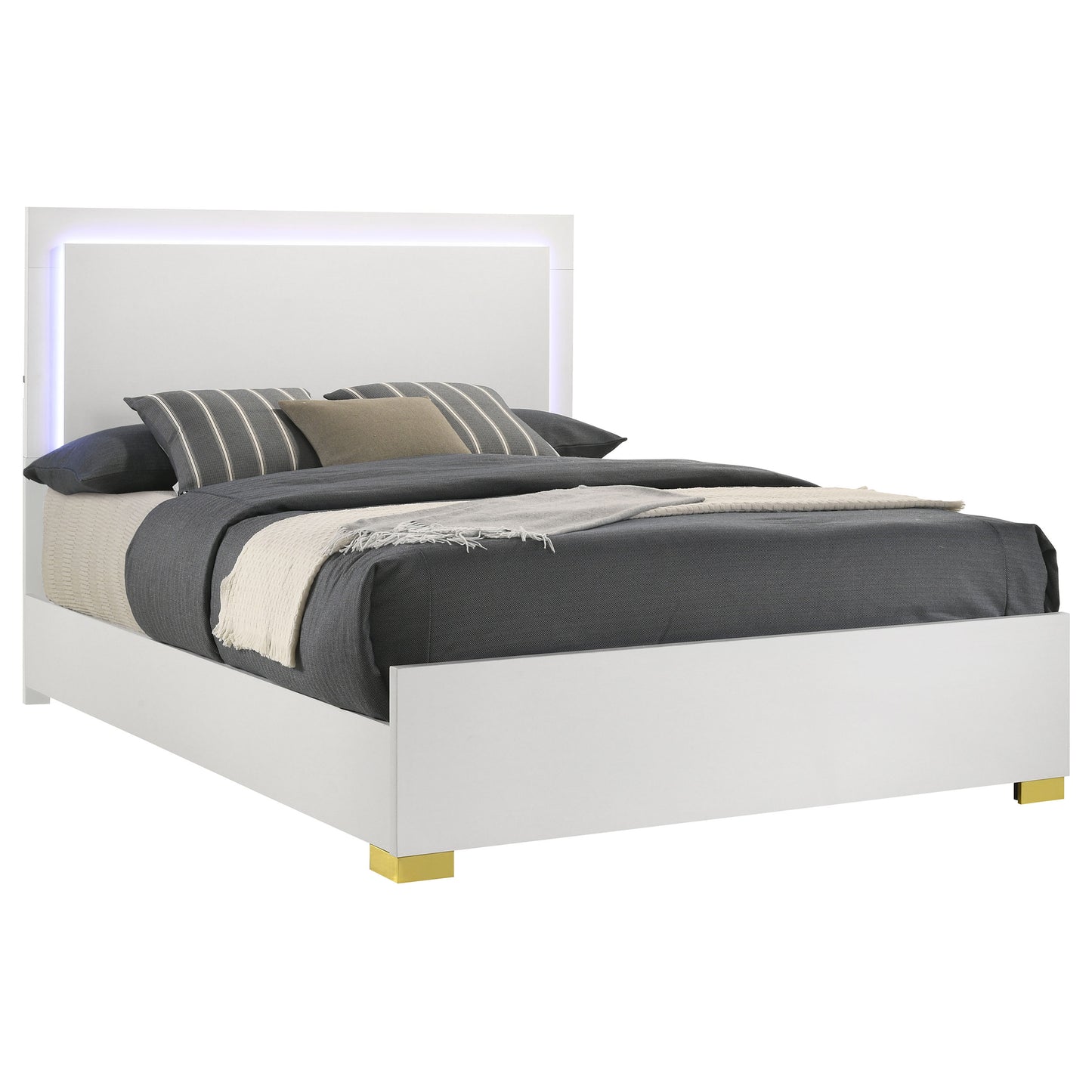 Cama Marceline Wood con panel LED completo, color blanco