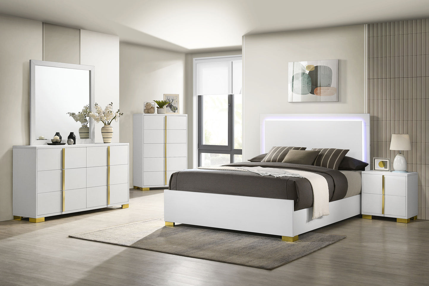 Cama Marceline Wood con panel LED completo, color blanco