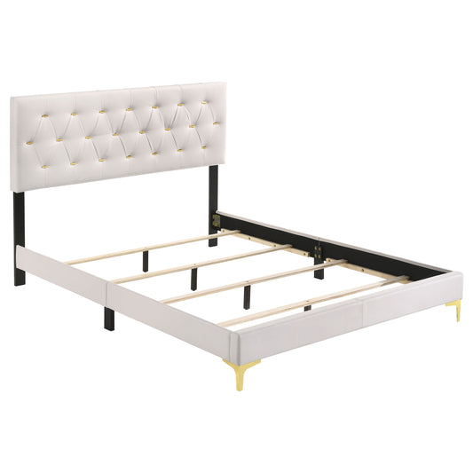 Cama Queen tapizada Kendall con paneles blancos