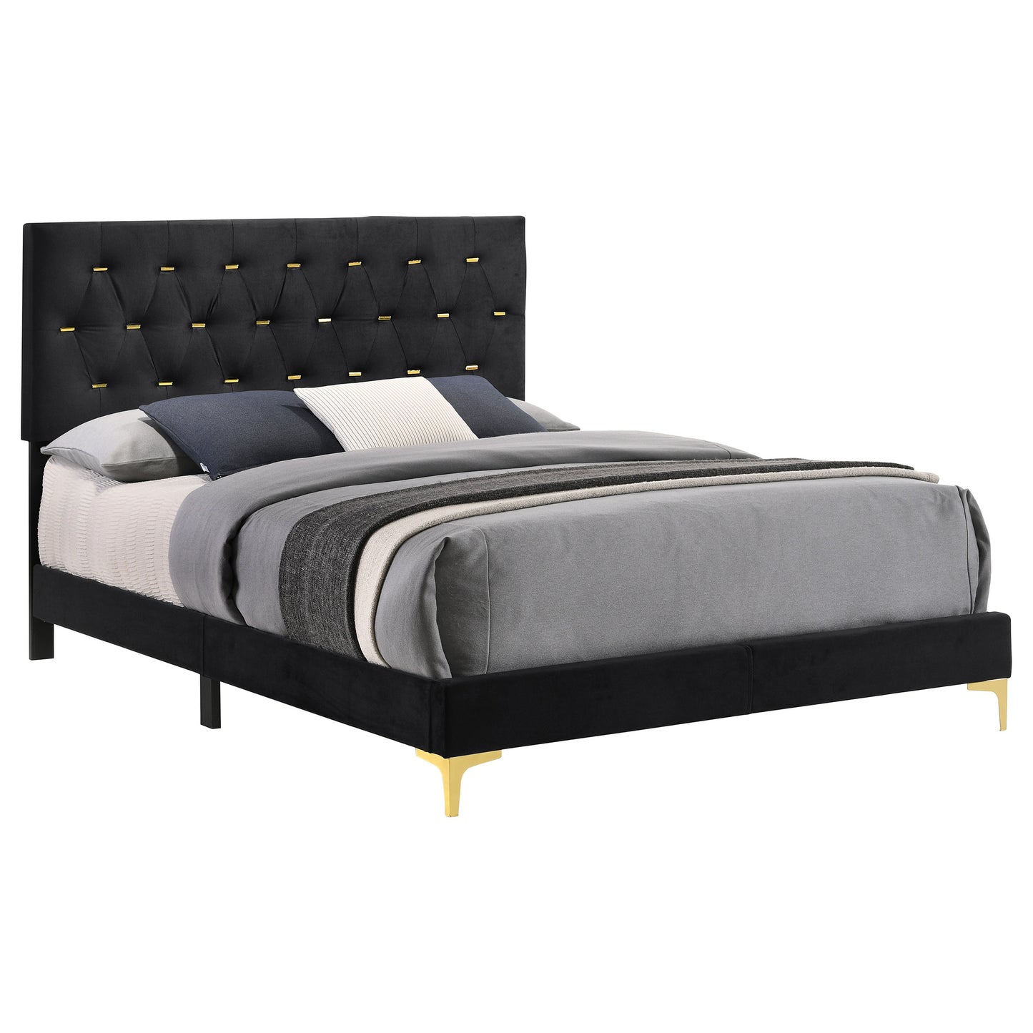 Cama tapizada Kendall California King con paneles en color negro