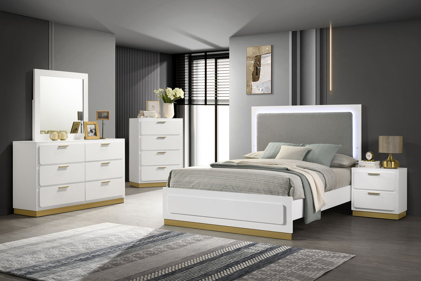 Cama Queen con panel LED de madera de alcaravea, color blanco