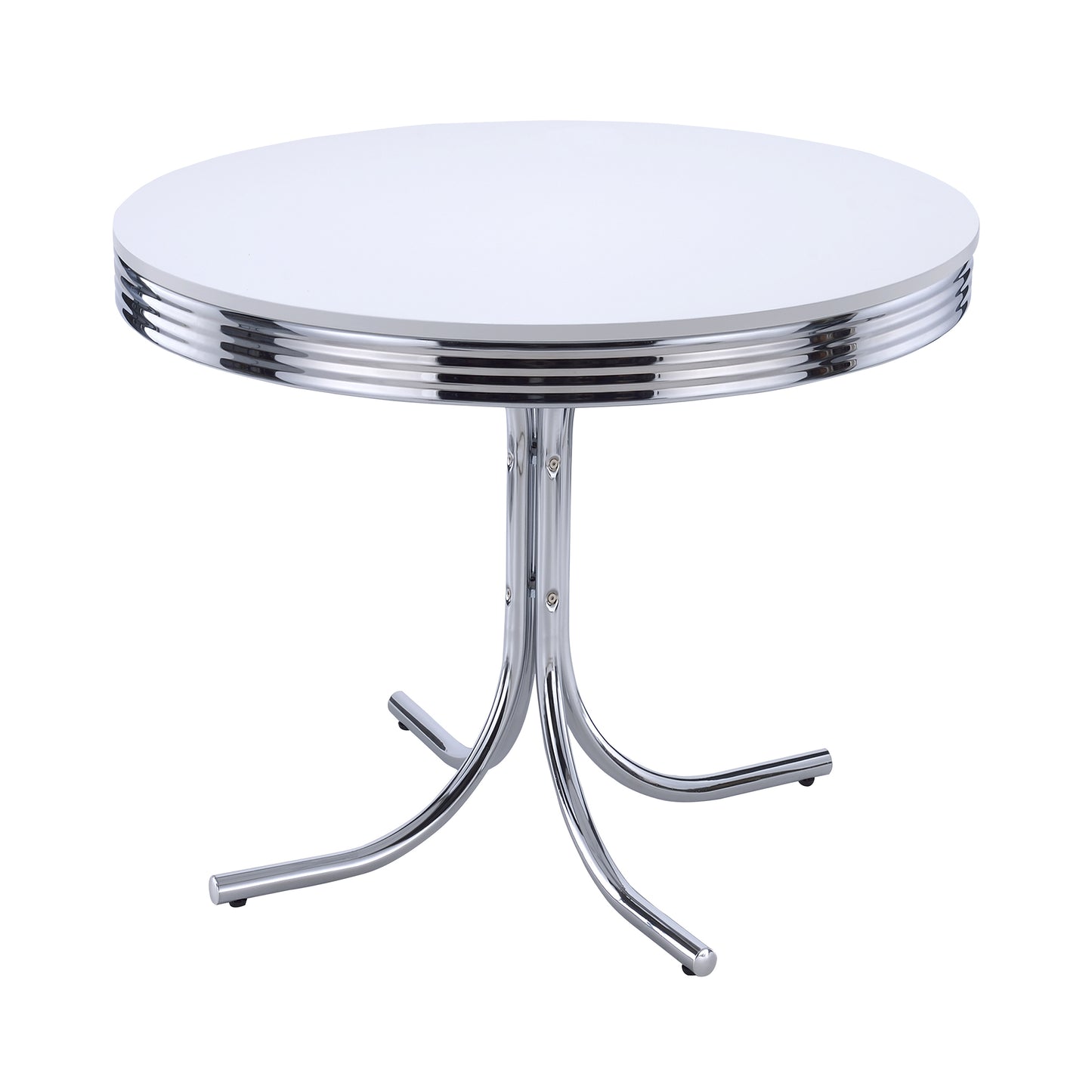 Mesa de comedor redonda retro de 42 pulgadas con tablero de madera blanco y cromado