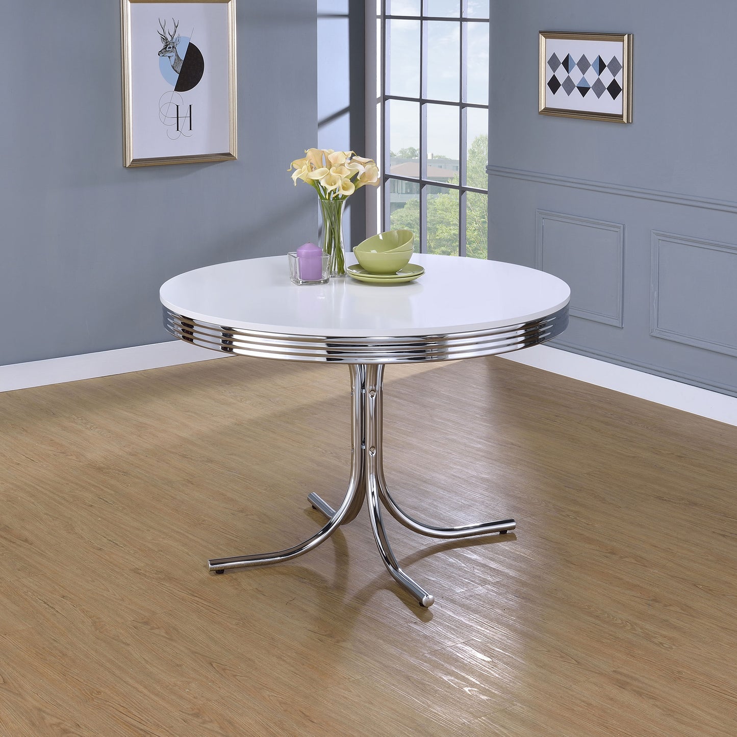 Mesa de comedor redonda retro de 42 pulgadas con tablero de madera blanco y cromado