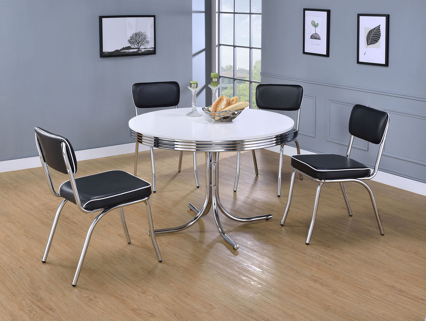 Mesa de comedor redonda retro de 42 pulgadas con tablero de madera blanco y cromado