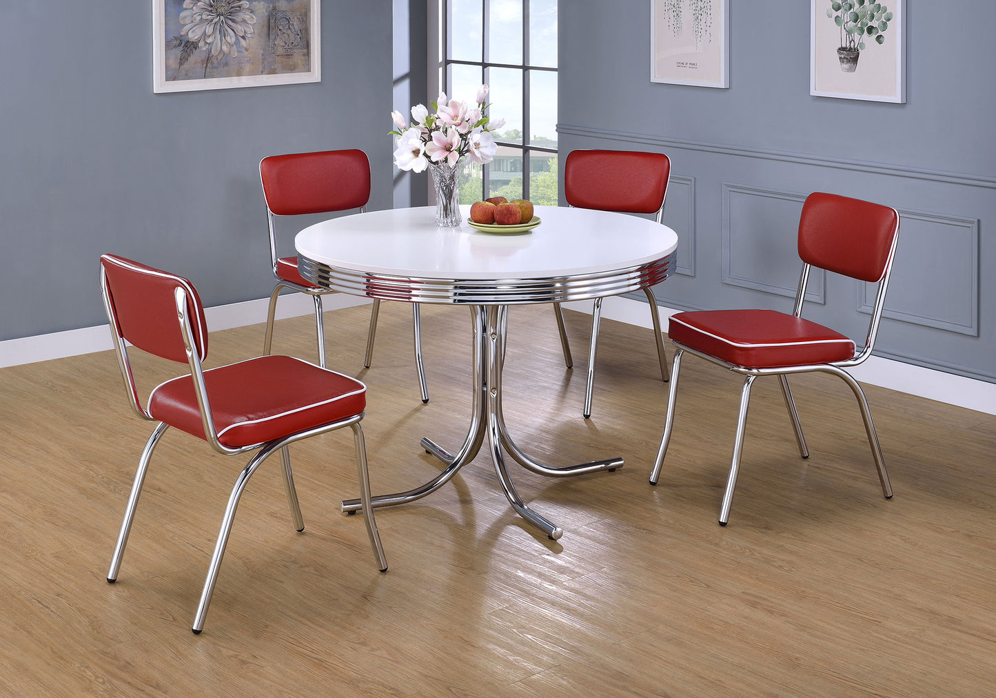 Mesa de comedor redonda retro de 42 pulgadas con tablero de madera blanco y cromado