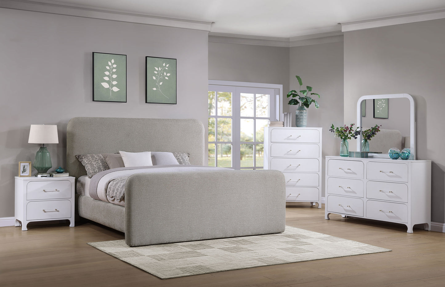 Cama Queen tapizada con paneles Wren, color gris