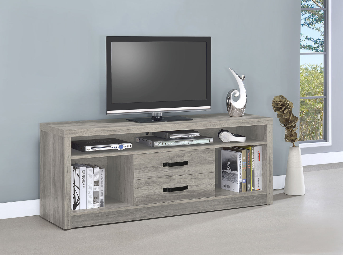 Mueble para TV Burke de 59 pulgadas, madera de ingeniería con dos cajones, color gris Driftwood