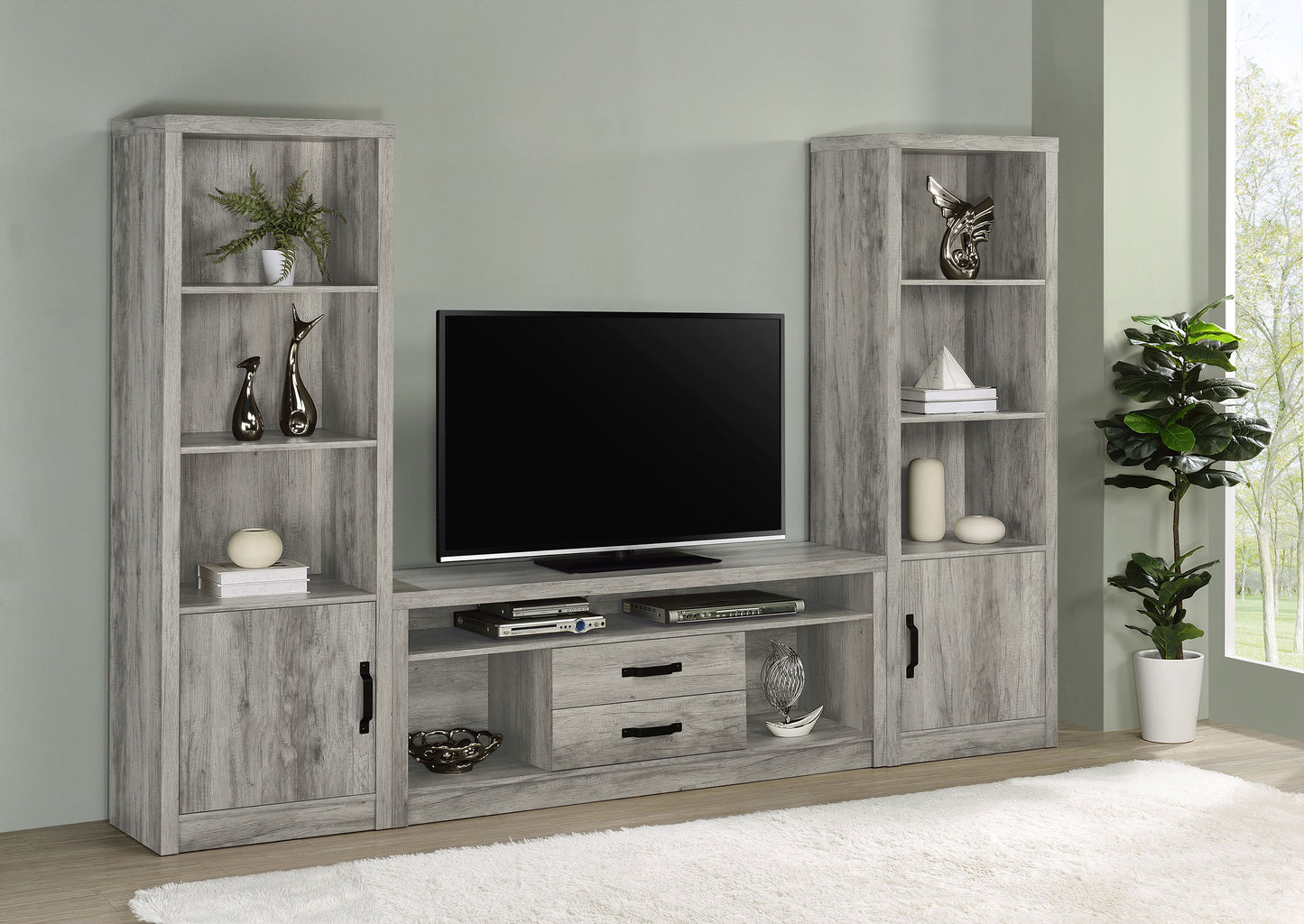 Mueble para TV Burke de 59 pulgadas, madera de ingeniería con dos cajones, color gris Driftwood