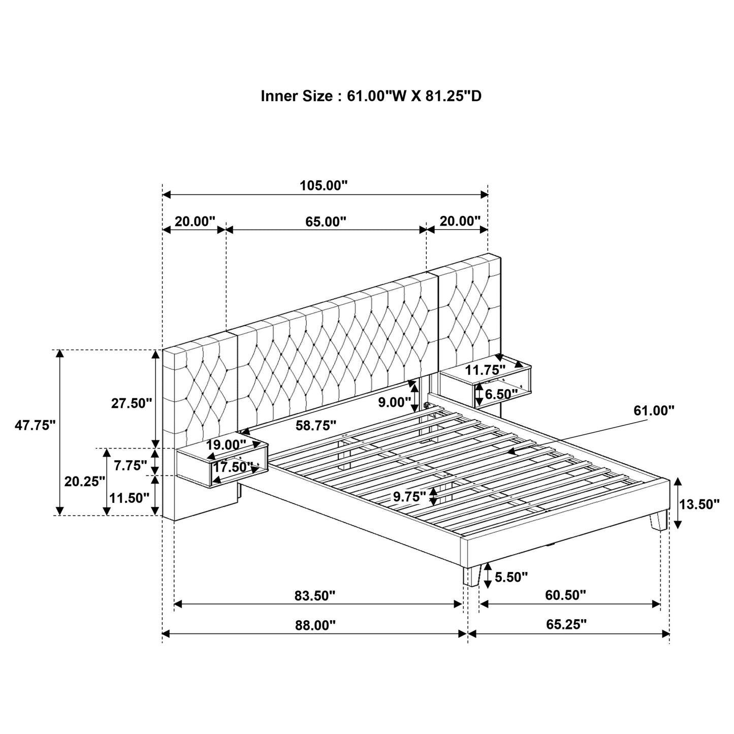 Cama Queen tapizada con panel de pared Marley en marrón claro
