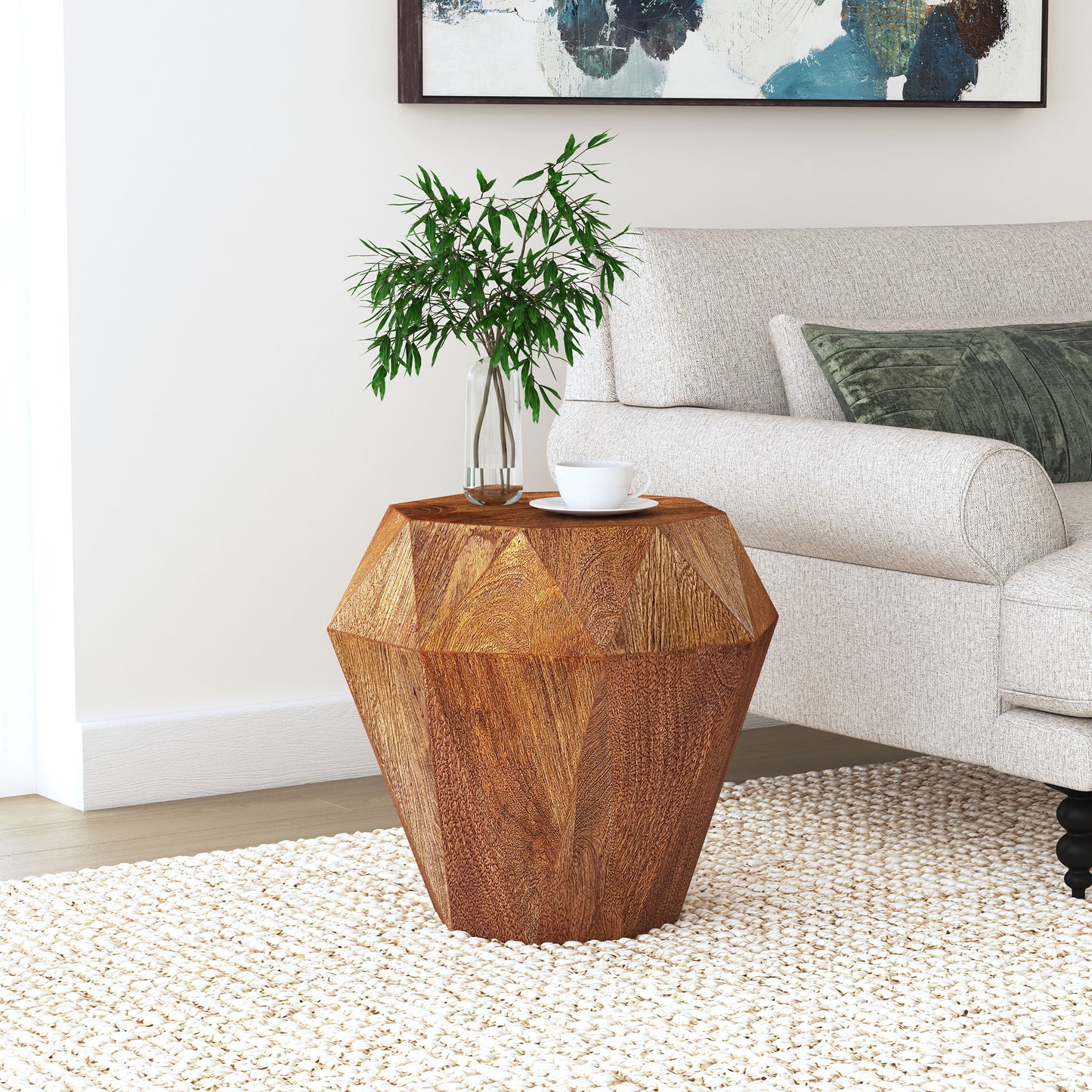 Mesa auxiliar octogonal Jacinto de madera maciza de mango, color marrón natural