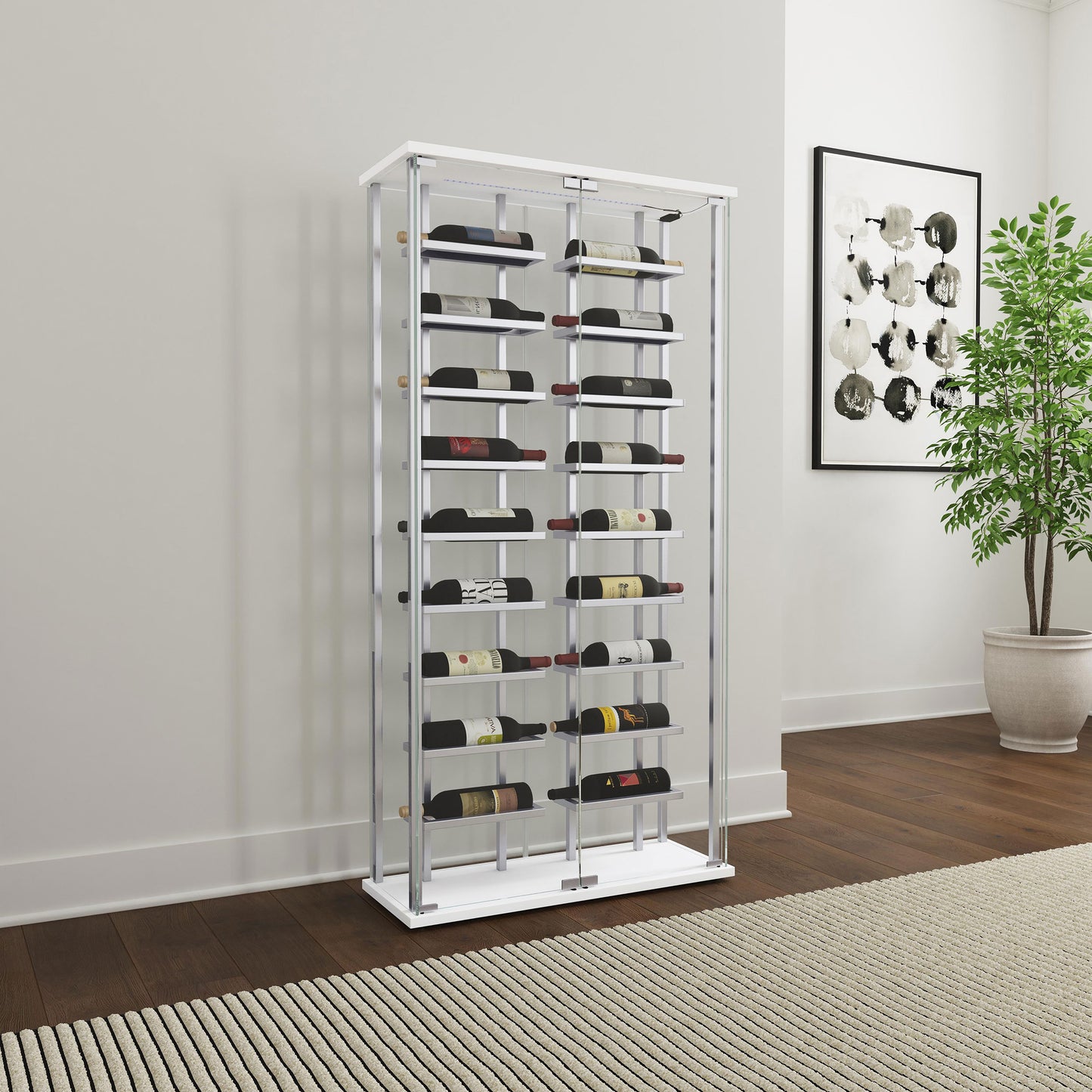 Vitrina de vino de vidrio templado Montara con LED y detalles en cromo