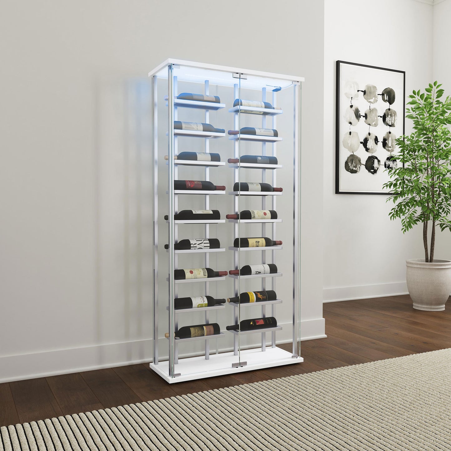 Vitrina de vino de vidrio templado Montara con LED y detalles en cromo