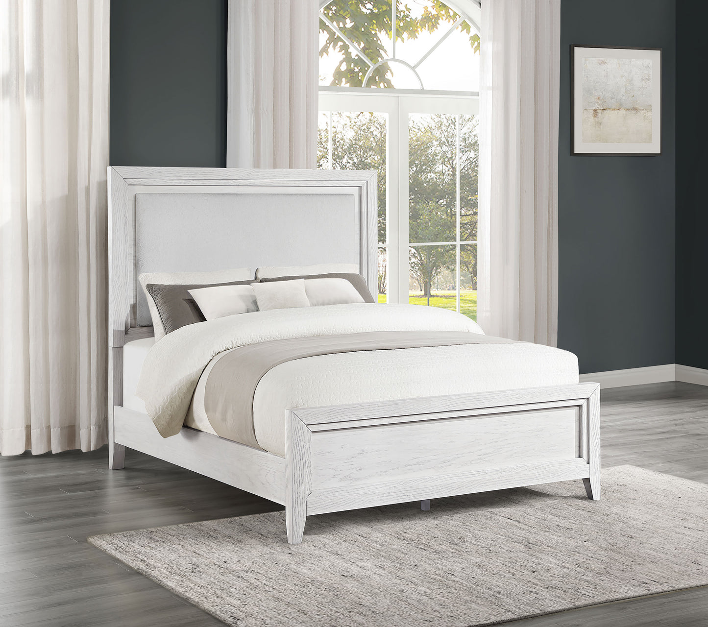 Cama Marielle Eastern King con paneles tapizados, color blanco desgastado