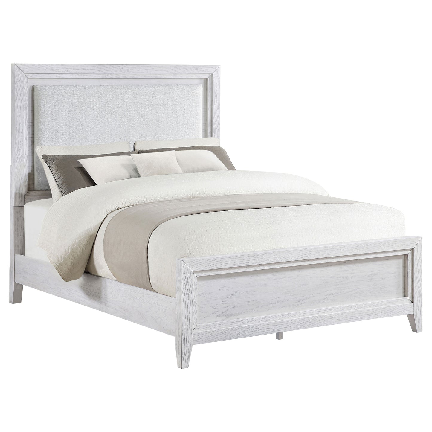 Cama Marielle Eastern King con paneles tapizados, color blanco desgastado