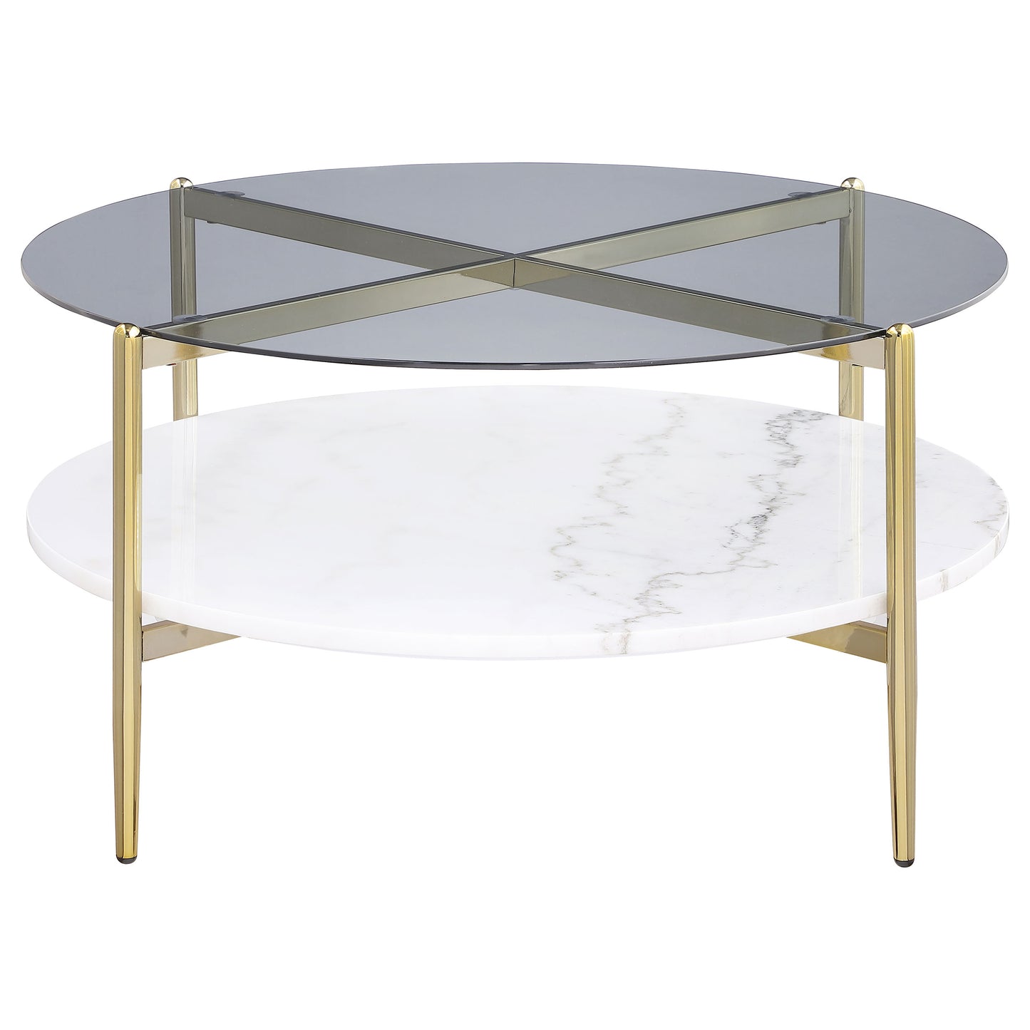 Mesa de centro redonda Jonelle con tapa de vidrio y estante de mármol blanco dorado