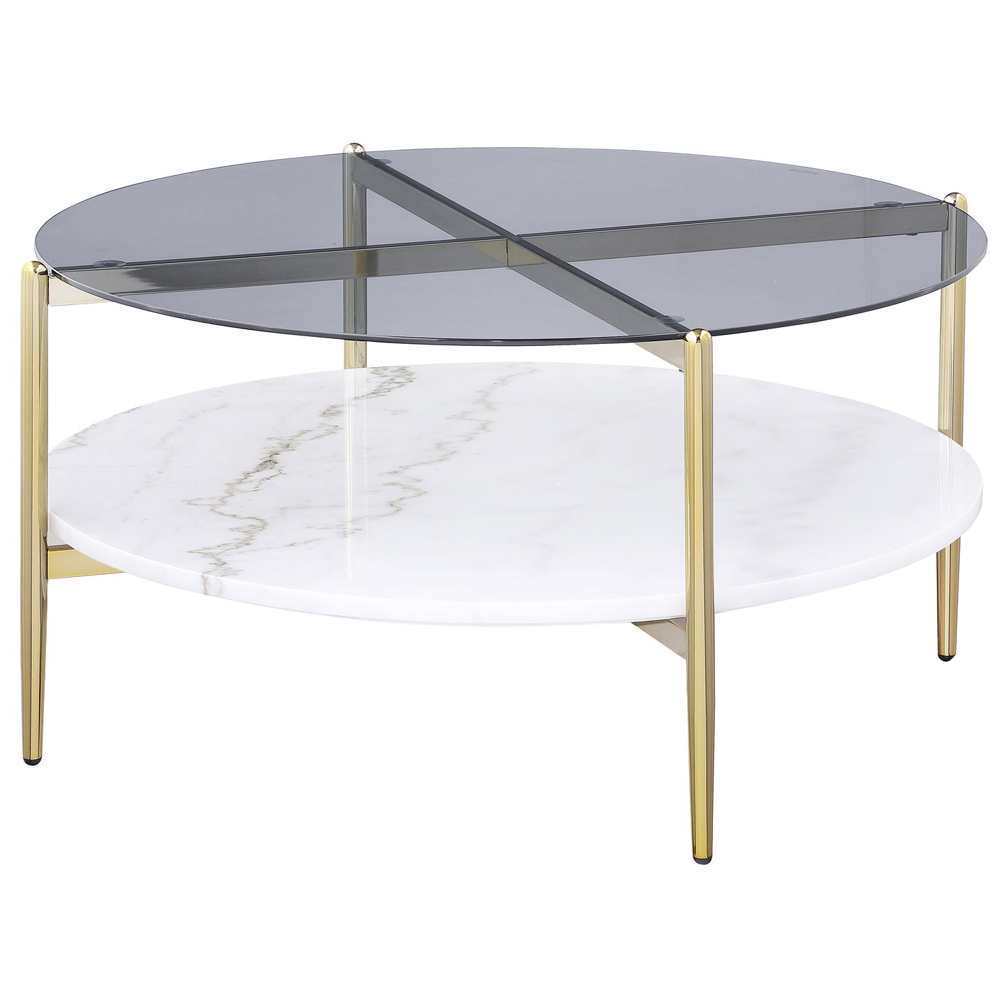 Mesa de centro redonda Jonelle con tapa de vidrio y estante de mármol blanco dorado