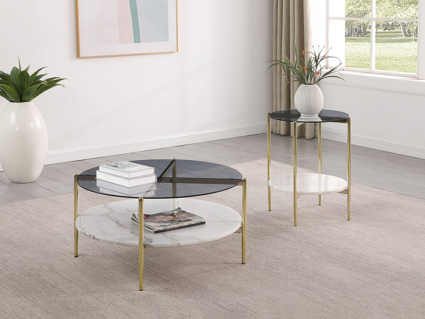 Mesa de centro redonda Jonelle con tapa de vidrio y estante de mármol blanco dorado
