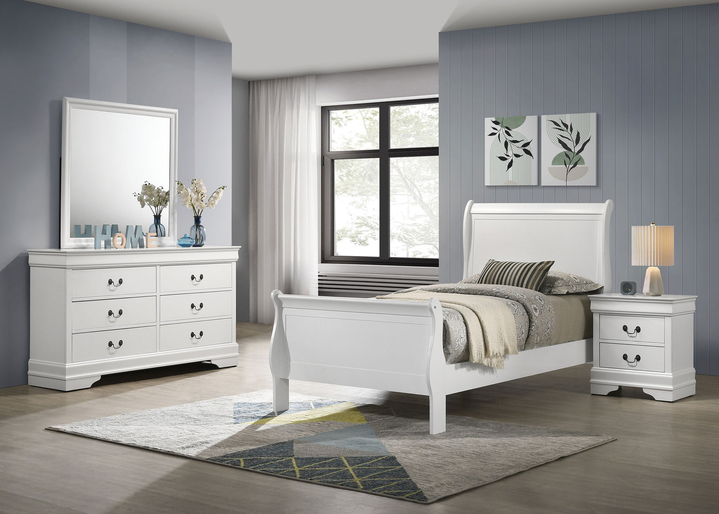 Juego de dormitorio Louis Philippe de 4 piezas, color blanco